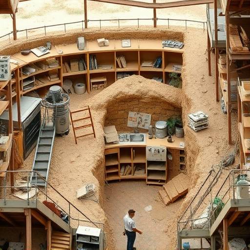 Photograph of the Miller family's kitchen showing the excavated area after the initial discovery, with researchers carefully examining the site.